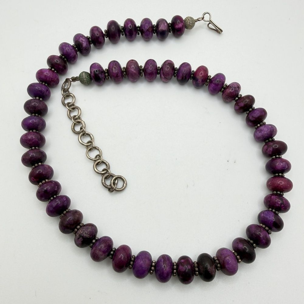 16" w/ ext, 10mm rondelle dyed purple stone and sterling silver beaded necklace!